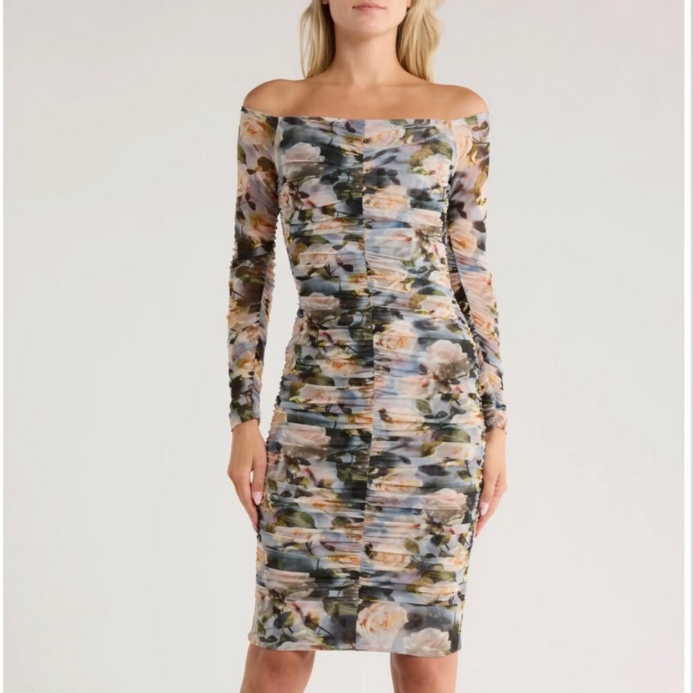 L'AGENCE Morgana Off the Shoulder Ruched Mesh Dress